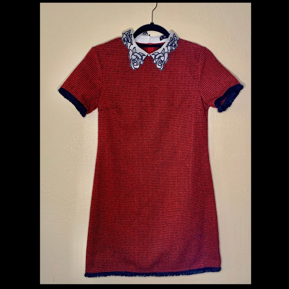 SHEIN Preppy Houndstooth Burgundy Collared Dress